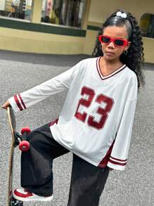 SHEIN Tween Girls Retro Collegiate Casual V-Neck Short Sleeve Blouse
