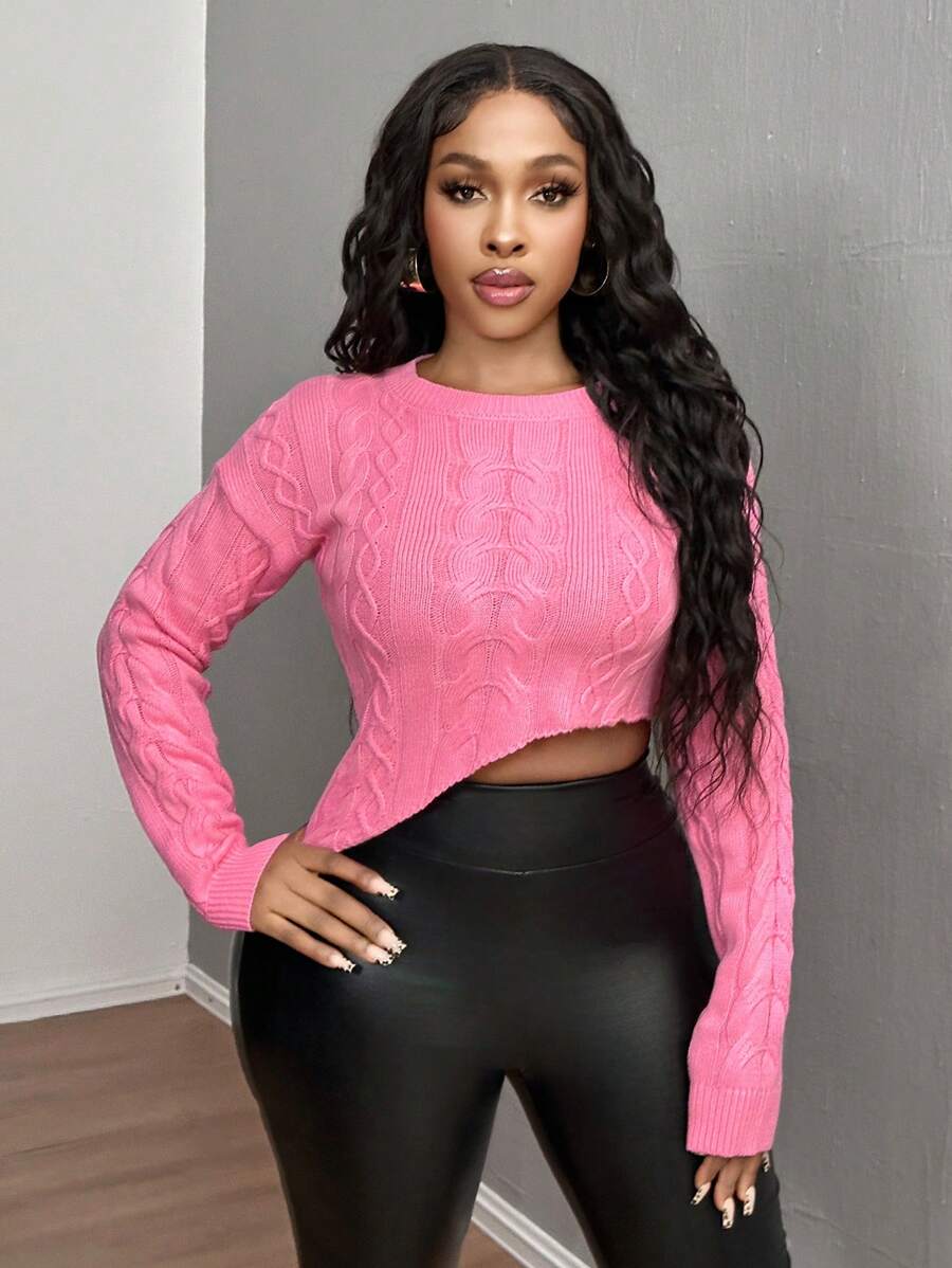 SHEIN SXY 1 Chiếc Áo Len Chui Đầu Dài Tay Màu Trơn Cổ Tròn Bất Đối Xứng Cho Nữ - Hồng - Xem 1