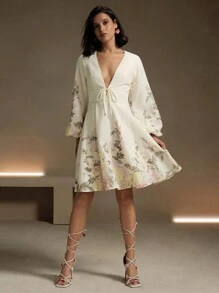 Anewsta Floral Print Long Sleeve Linen-Like Dress, Spring Summer