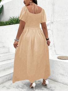SHEIN Clasi Vestido casual con cuello cuadrado, manga corta, cintura con lazo y bajo con abertura para talla grande - Albaricoque - Ver 2