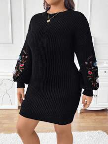 Calvaya Plus Size Women's Floral Embroidery Round Neck Dropped Shoulder Drop Shoulder Casual Sweater Dress