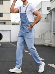 Manfinity Homme Men's Casual Basic Plain Washed Denim Overall, For Going Out, Husband - Blue - View 6