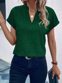 EMERY ROSE Women's V-Neck Short Sleeve Batwing Sleeve Solid Color Simple Fashionable Blouse - Dark Green - View 6