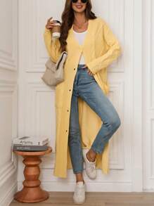 SHEIN LUNE Women Long Cardigans, Warm For Fall & Winter - Yellow - View 4
