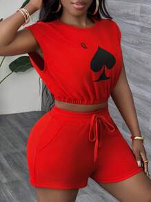 Slaydiva Women's Crew Neck Short Sleeve Graphic Printed T-Shirt And Drawstring Pocket Shorts Set - Red - View 3