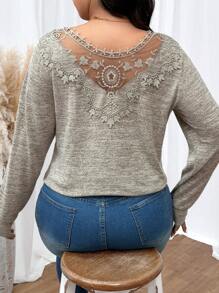 SHEIN Frenchy Plus Size Casual Lace Patchwork Hollow Out Khaki Women Sweatshirt In Fall/Winter - Apricot - View 2