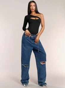 SHEIN BAE Women's Solid Color Asymmetric Neck Sexy Hollow Out Bodysuit - Black - View 4
