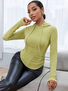 SHEIN Essnce 女士连帽长袖修身迷人优雅 T 恤、女士连帽衫、保暖、绿色女装、基本款连帽衫、纯色 T 恤、修身 T 恤、秋装、秋季女士 - 青檸色 - 查看 1