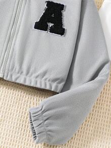 2 piezas Conjunto casual de chaqueta con capucha con cierre de cremallera y texto con textura y pantalones para niñas adolescentes de moda - Gris - Ver 5