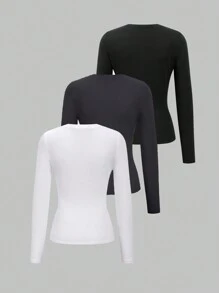 SHEIN Unity Women's Solid Color Round Neck Long Sleeve Fitted T-Shirt, Spring & Summer Fall Cloth For Women - Multicolor - View 2