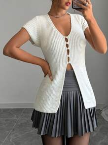 Chiquease Camisa de punto casual de manga corta con cuello en V y abotonadura de un solo color