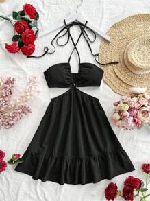 Soleia 女士性感露背交叉细肩带腰部镂空度假连衣裙 - 黑色 - 查看 3