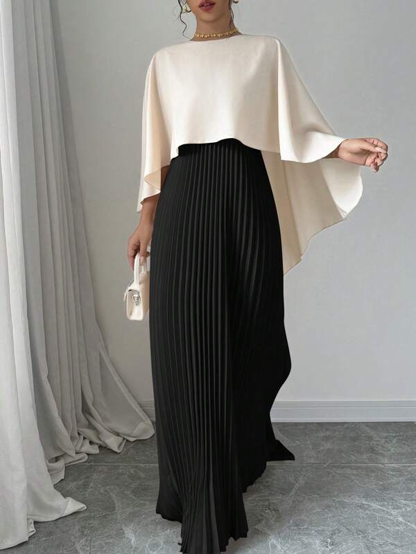 Elenzga Elegant Contrast Color Pleated Women's Dress Maxi Women Outfit