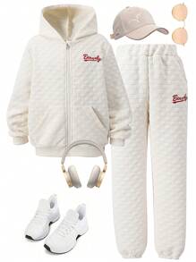 SHEIN Set de 2 piezas de Sudadera y Pantalón de chándal con estampado de letra suelta y texturizada para niña preadolescente, otoño