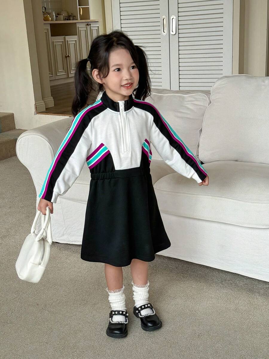 SHEIN 1pc Toddler Girls' Long Sleeve Color-Block Sporty Hoodie Dress, Cinched Waist & Half-Zip Closure - Multicolor - View 1