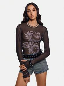 Anis Illustration Artist 女士性感深色花卉印花网眼衬衫，春夏，黑色，秋季女士，适合秋冬季，节日，情人节 - 黑色 - 查看 6