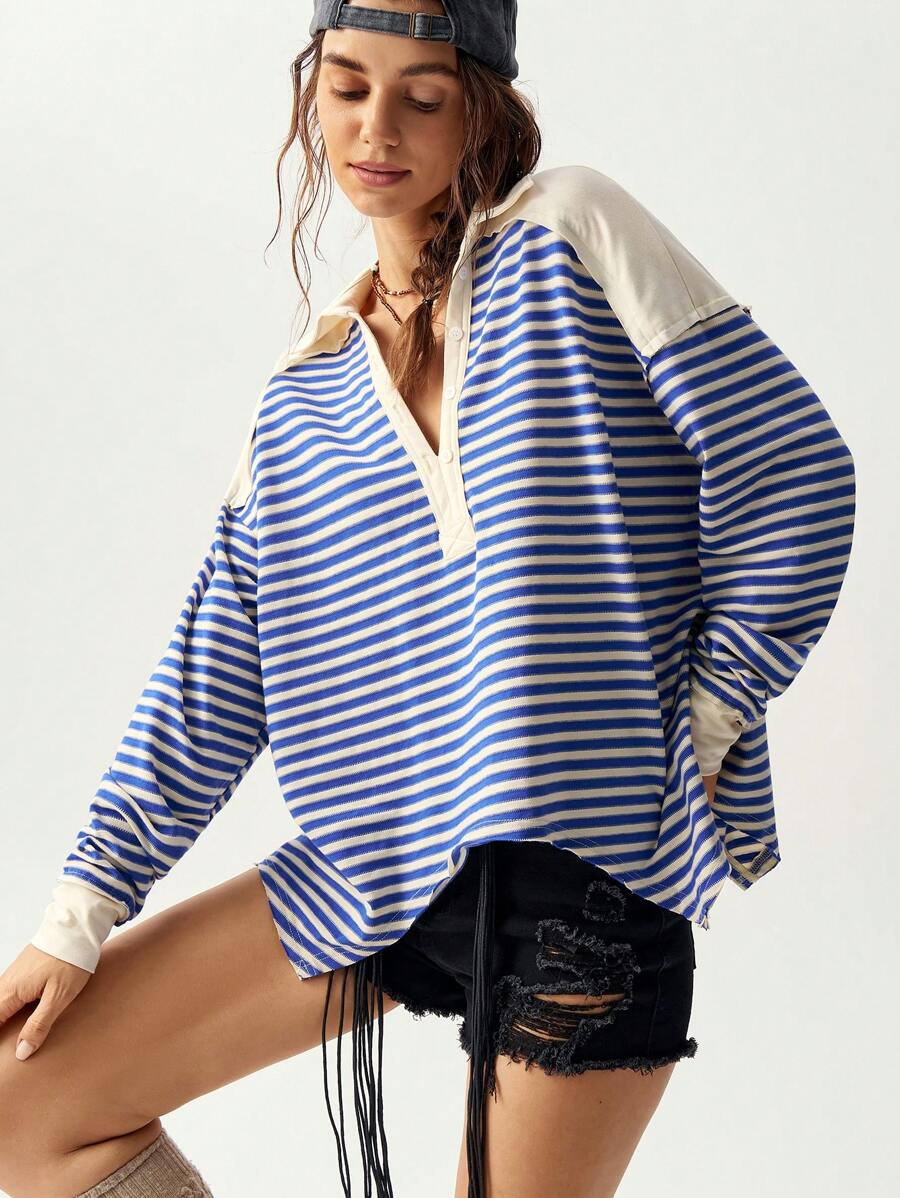 Bohemela 不对称下摆前开襟超大蓝白条纹针织宽松女式长袖 T 恤，秋季
