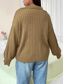 Flirla Plus Size Simple Solid Color Half Button Long Sleeve Sweater Knit Pullover Fall Winter - Khaki - View 2