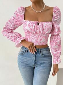 Chiquease Áo sơ mi crop top tay phồng in hoa thông thường dành cho nữ, Xuân Hè - Hồng - Xem 3