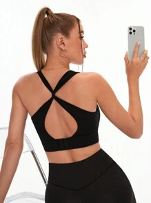 Women's Twist Back Hollow Seamless Sports Bra - Black - View 1