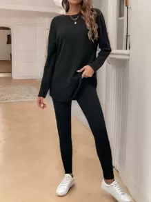 SHEIN Frenchy Phong cách trang phục thường ngày Áo thun trễ vai và quần legging - màu đen - Xem 6