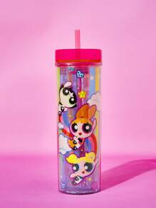 THE POWERPUFF GIRLS X SHEIN Cute Cartoon Figure Print 480ML Translucent Double-Layered Straw Cup - Multicolor - View 2