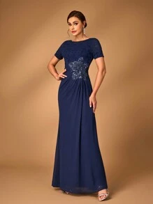 SHEIN Belle Elegant And Noble Navy Blue Sequined Lace Splicing Chiffon Fabric, Mid-Length Sleeves, Gathered, Sequined Pearl Three-Dimensional Appliques, Waist Section, Gathered, A-Line Hem, Wedding Event Occasion, Party, Formal Mother Of The Bride Dress, Evening Dress - Navy Blue - View 6