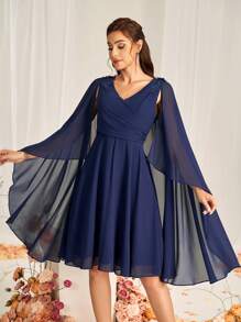 SHEIN Belle Women's Elegant Navy Blue V-Neck Chiffon Dress,Spring Wedding Guest Formal Party Bridesmaid Dresses With Asymmetrical Cape Sleeves,A-Line Applique - Blue - View 7