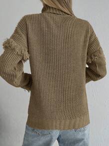 Cloudara Turtleneck Fringe Trim Drop Shoulder Sweater - Mocha Brown - View 2