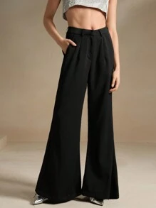 Anewsta Solid Color High Waisted Wide Leg Pants With Pockets - Black - View 7