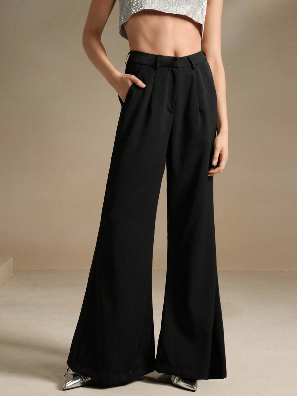 Solid Color High Waisted Wide Leg Pants With Pockets