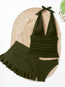 SHEIN Swim Bộ 3 chiếc Tankini màu trơn dành cho nữ, mùa hè - xanh quân đội - Xem 3