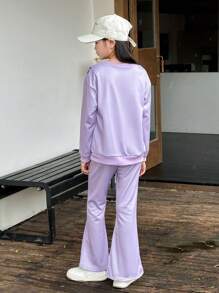 SHEIN 2pcs/Set Girls' Purple Floral Print Hoodie Sweatshirt And Pants Set - Purple - View 2