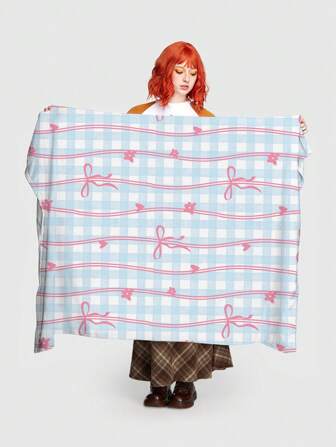 Kawaii 1pc Back To School Bow Plaid Pattern Sweet Girl Blanket, Sofa Throw Blanket, Nap Blanket (Print Location Random)