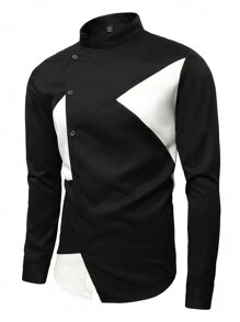 Calvornis Men's Casual Colorblock Stand Collar Button Down Long Sleeve Collar Shirt, Spring Autumn, For Going Out, For Fall, Formal, Ceremony - Black and White - View 5