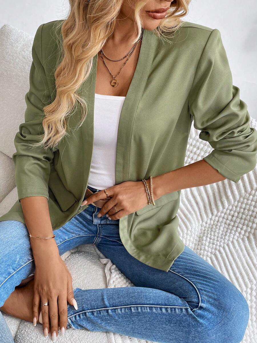 SHEIN LUNE Women's Casual Basic Solid Color Collarless Blazer - Army Green - View 1