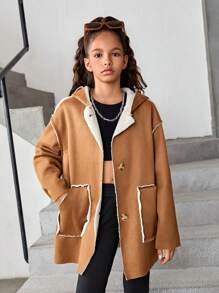 SHEIN Felpa con cappuccio oversize reversibile in pelliccia sintetica tinta unita per ragazze preadolescenti - Cammello - Visualizzare 6