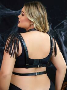 Plus Size Tassel Backless Faux Leather Provocative Lingerie Set - Black - View 2
