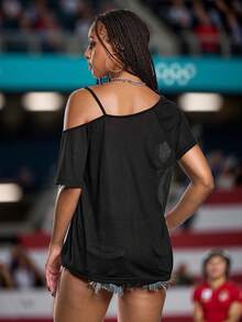 Vandy 艺术家美国复古街头风格宽松印花女式背心，适合夏季、假日、感恩节 - 黑色 - 查看 2