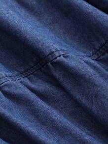 FRIFUL 女式纯色荷叶边下摆圆领牛仔褶裥衬衫、返校服、牛仔夹克、秋季女装 - 藍色 - 查看 9