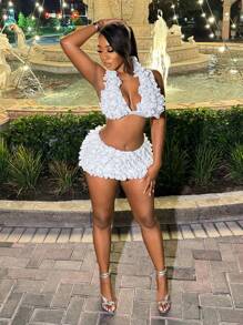 BamGleam 2pcs Women Elegant, Romantic, Sexy, Lace Mini Dress Party Set, In White For Holiday Party Clothes - White - View 4