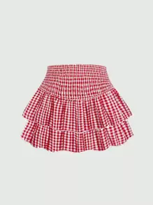 Sweetra Plaid Pattern Layered Ruffle Hem Casual Summer Skirt Y2K Outfit  For New Year Clothes - Red - View 2