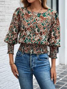 EMERY ROSE 女士圆领泡泡袖灯笼袖下摆休闲衬衫、七分袖上衣 - 彩色 - 查看 3