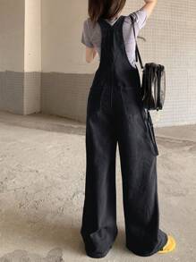 DAZY 女式纯色简约休闲牛仔背带裤 - 灰色 - 查看 2