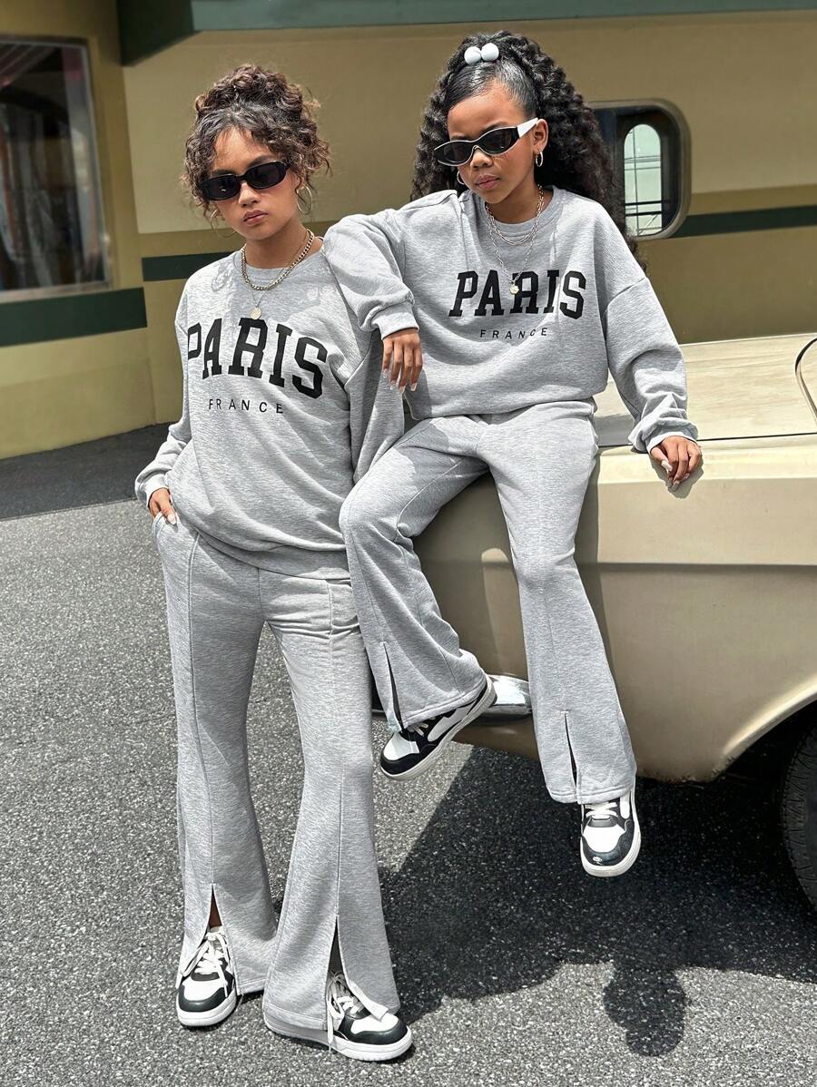 SHEIN Tween Girl Retro Collegiate Knit Crew Neck Long Sleeve Pullover Hoodie Set, Sibling & Me Matching Outfits (Sold Separately In Sets Of 2)