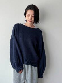 女士休闲露背蝴蝶结抓绒毛衣，秋冬季，保暖内衬 - 藏蓝色 - 查看 2