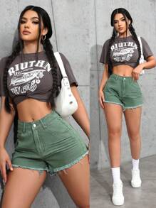 休闲破洞牛仔短裤，夏季 - 軍綠色 - 查看 7