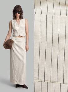 Ontre 2 件套女士亚麻圆领前扣背心和开衩下摆裙，适合返校、秋季休闲装