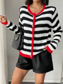 Chiquease Áo len sọc màu thông thường mùa xuân/thu - Đen và trắng - Xem 3