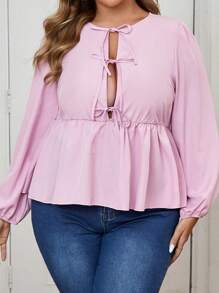 SHEIN Clasi Camisa de manga larga de unicolor con cuello de corbata y volante en el bajo, talla grande